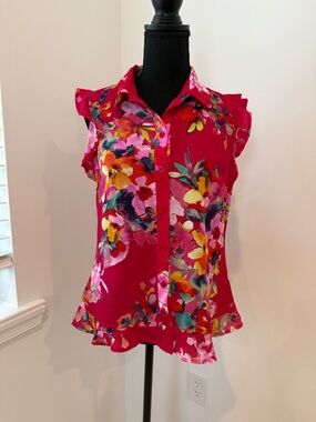 NY & Co Floral Blouse | Bright Red Button Front Top